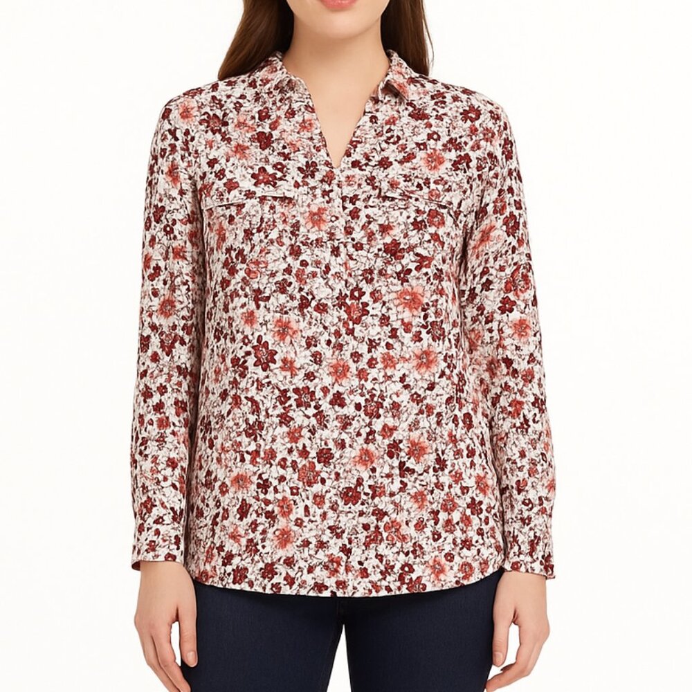 Ann Taylor Factory Ditzy Floral Henley Popover Long Sleeve Top Blouse Medium